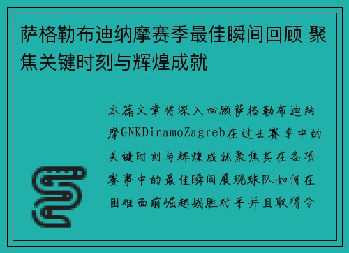 萨格勒布迪纳摩赛季最佳瞬间回顾 聚焦关键时刻与辉煌成就